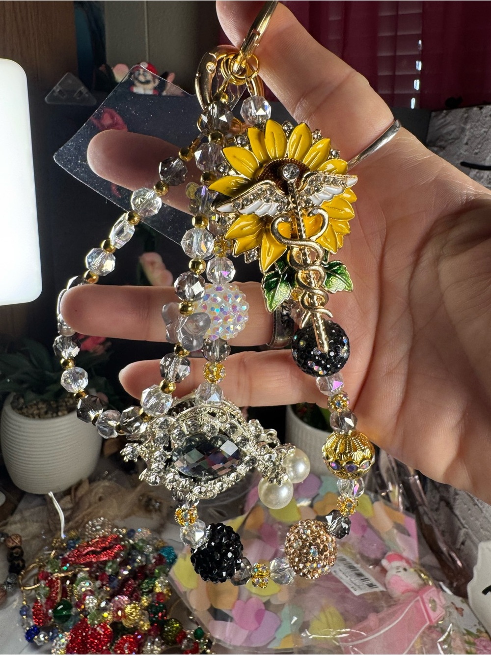 Yellow Sunflower Caduceus Charm Statement Keychain-Purse Chain - Picture 3 of 4